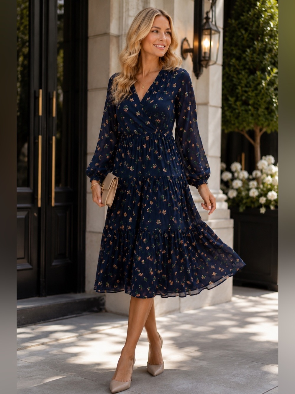 Madewell Navy Floral Tiered Wrap Midi Dress